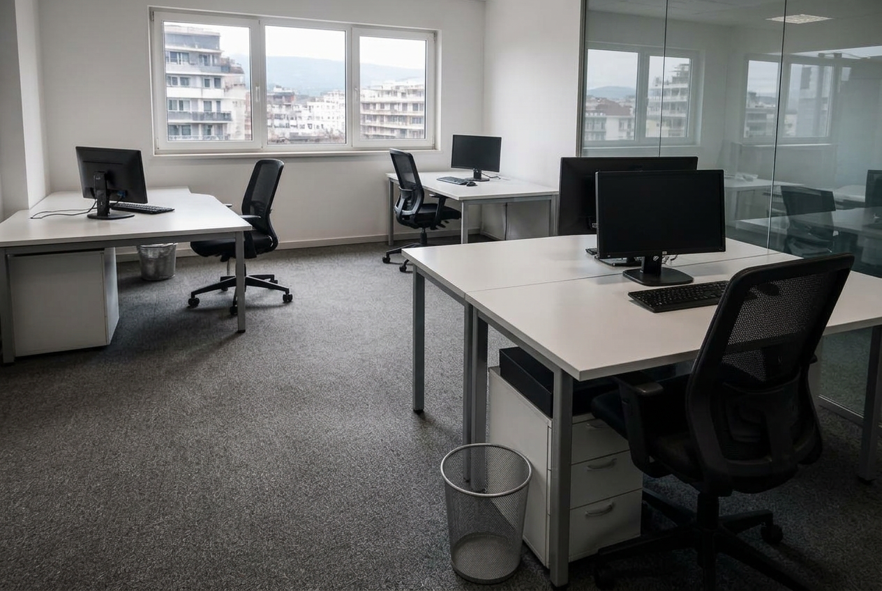 Dasselbe Büro nach der Büroreinigung durch Clean Mary, saubere Arbeitsplätze und gepflegter Boden