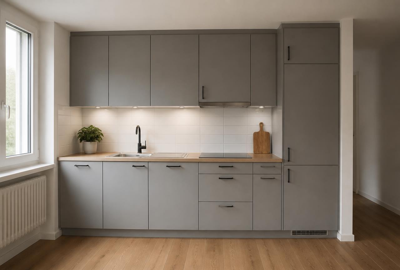 Dieselbe Küche nach der Wohnungsreinigung durch Clean Mary, saubere Arbeitsfläche, Fronten und Armatur